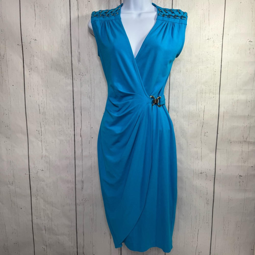 Cache Turquoise Draped Cocktail Dress Gold Hardware Detail XS Resort Y2K Glam